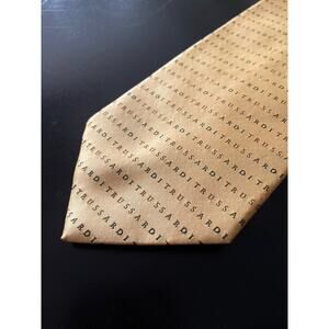 TRUSSARDI Gold Logo Type Print Silk Tie